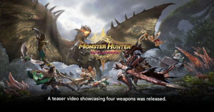 Monster Hunter Outlanders gameplay clip showing Great Sword, Long Sword, Dual Blades, and Heavy Bowgun