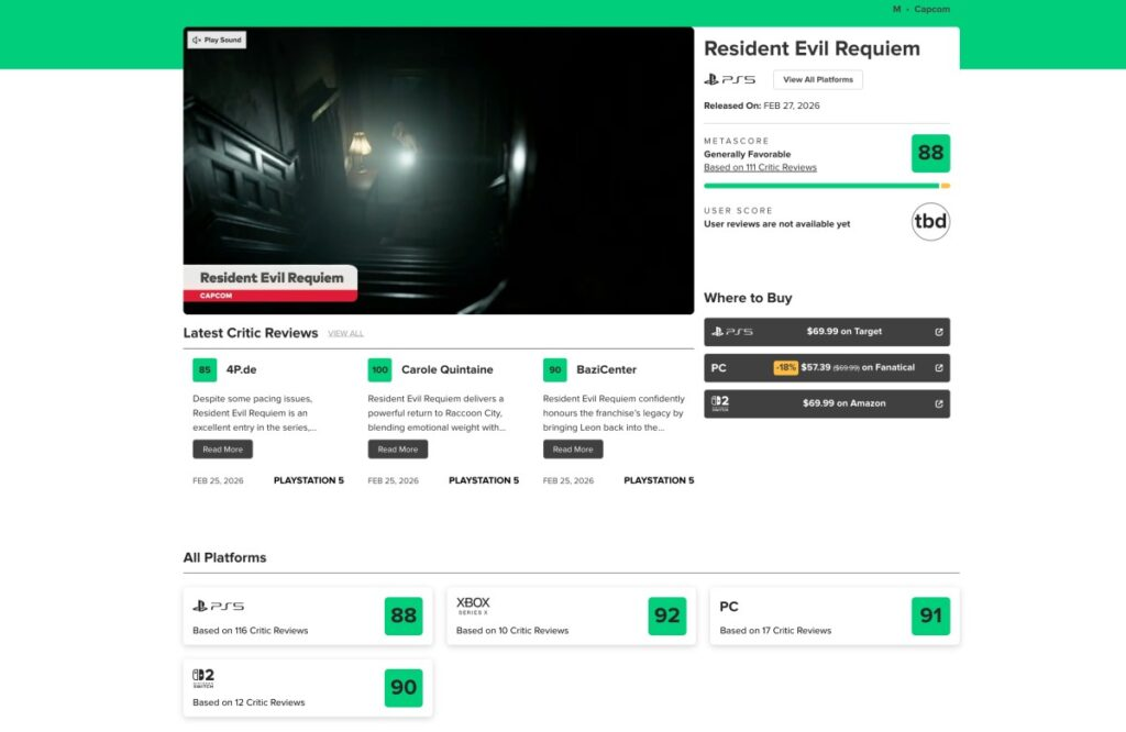 Resident Evil Requiem Metacritic score