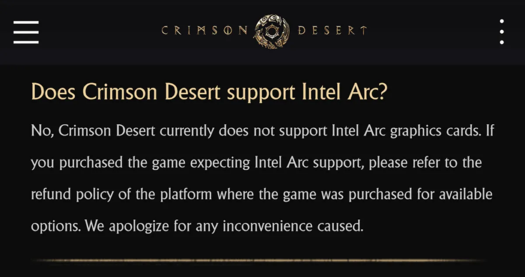 Crimson Desert Blocks Intel Arc GPUs: Pearl Abyss Advises Refunds