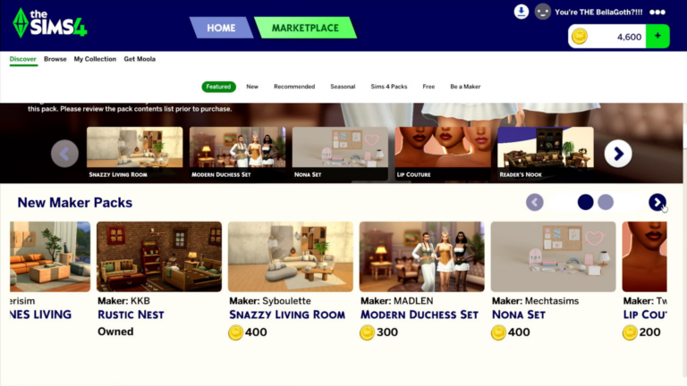 The Sims 4 marketplace interface showing custom content items