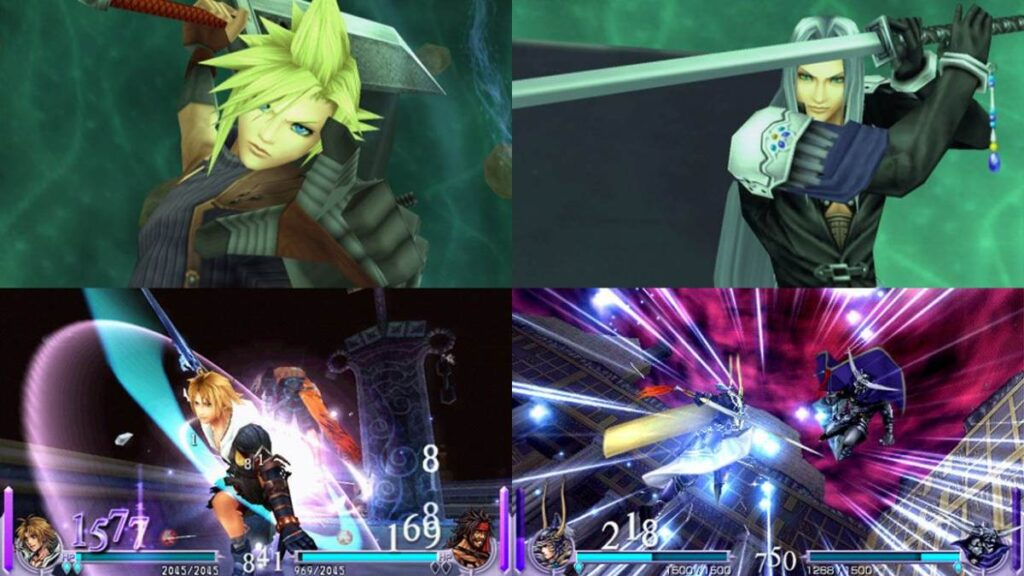 Dissidia Final Fantasy PSP gameplay featuring crossover characters fighting in arena