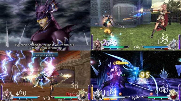 Dissidia Final Fantasy PSP gameplay featuring crossover characters fighting in arena