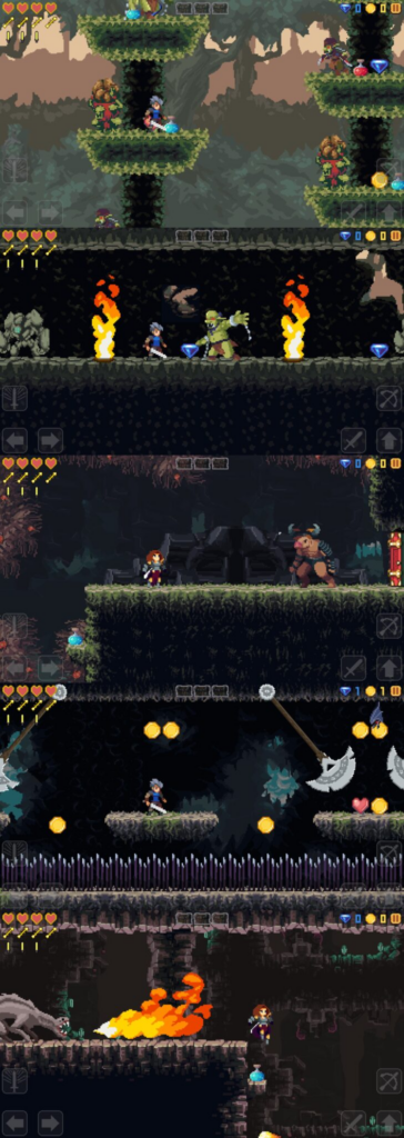 Magic Sword Adventure pixel art gameplay showing a knight fighting monsters in a 2D platformer