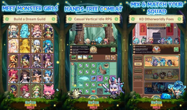 Guild of Monster Girls pixel art gameplay featuring chibi monster girl characters