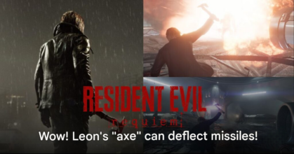 Leon deflecting missile with axe in Resident Evil Requiem gameplay